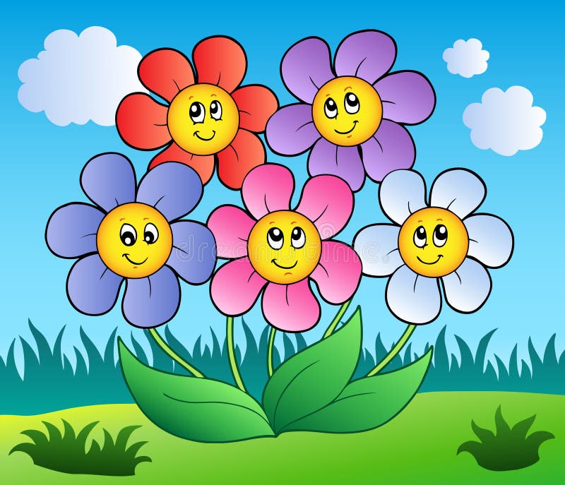 Five cartoon flowers on meadow - illustration. Five cartoon flowers on meadow - illustration.