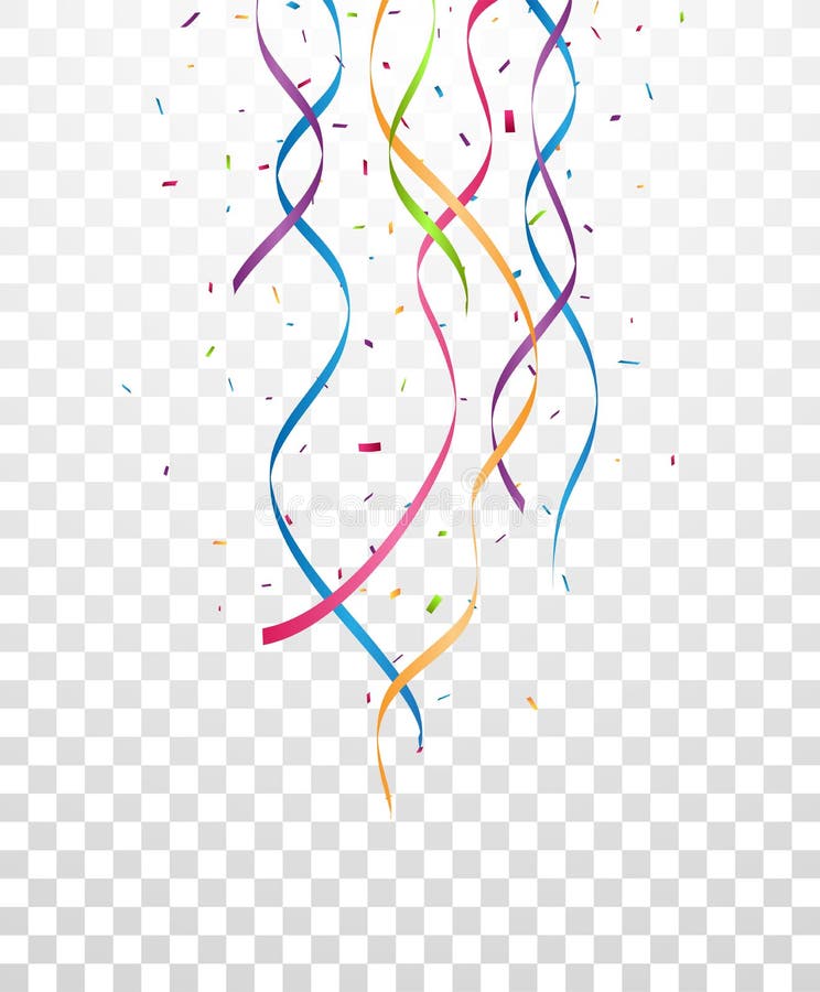 Cinta y confeti coloridos que caen en fondo transparente ilustración del vector