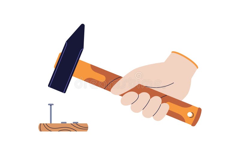 Ciocan care lovește, bate un cui. Mână care ține unealtă de reparații. Echipament de lucru de tâmplar, meșteșug de construcție și vector illustration