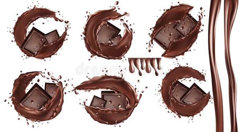 Cioccolato e cioccolato in pezza in illustrazione 3d. pasta di cioccolato al burro di cacao con gocce sulla superficie trasparente illustrazione di stock