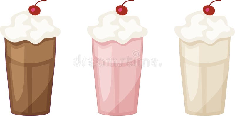 Cioccolato, fragola, frappé della vaniglia con panna montata e ciliege illustrazione vettoriale
