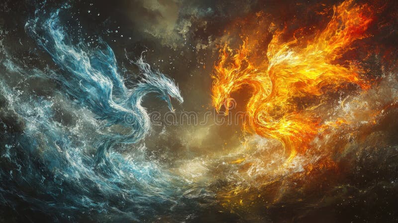Ciocnire apă și dragon de foc vector illustration