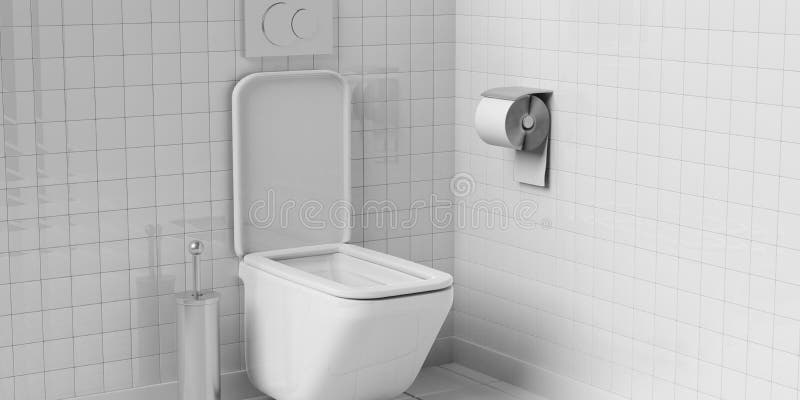 Ciotola ed accessori di toilette bianchi sul fondo piastrellato del pavimento e della parete illustrazione 3D illustrazione vettoriale Ciotola ed accessori di toilette bianchi sul fondo piastrellato del pavimento e della parete illustrazione 3D illustrazione vettoriale