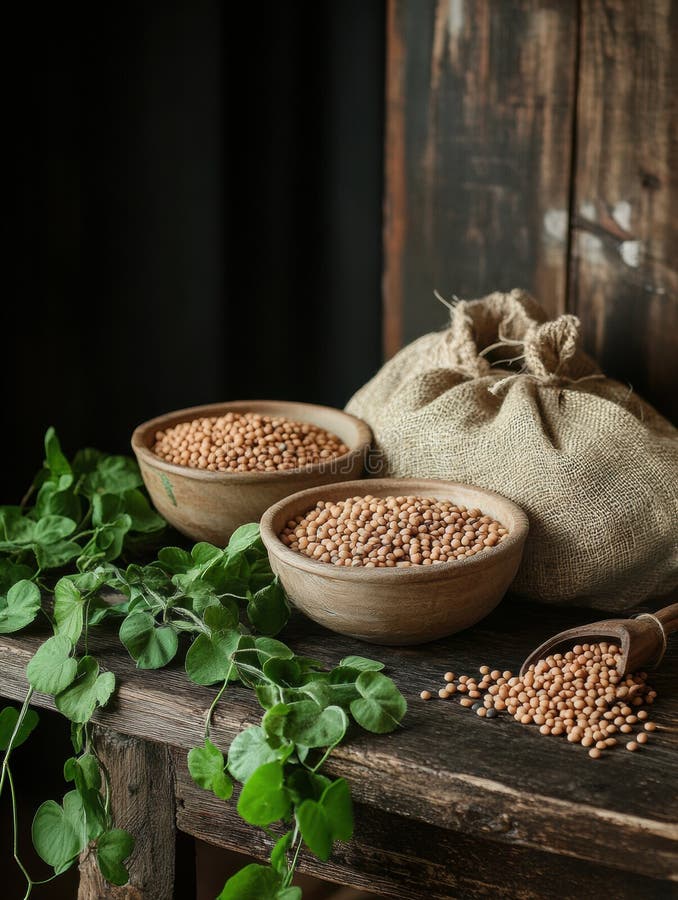 Ciotole riempite di lenticchie colorate fagioli e ceci poggiano su un tavolo di legno di cucina integrato da sacchi di guscio e immagini stock libere da diritti