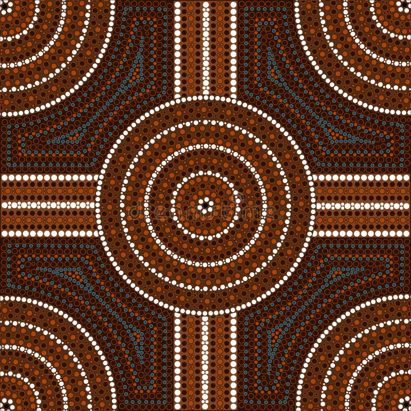 A illustration based on aboriginal style of dot painting depicting circle 2. Australian outback illustrations