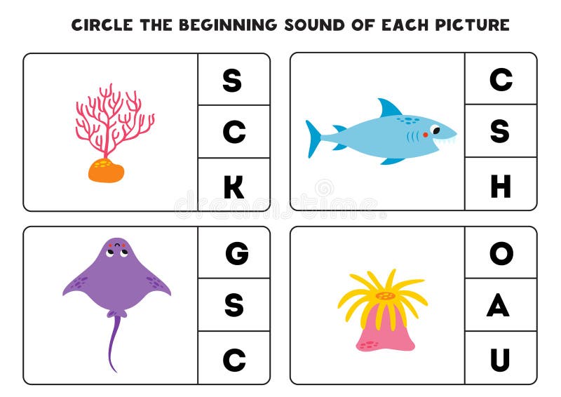 Worksheet for Kids. Find the Beginning Sound of Cute Sea Animals Stock Vector - Illustration of shark, school: 270330670 Worksheet for Kids. Find the Beginning Sound of Cute Sea Animals Stock Vector - Illustration of shark, school: 270330670