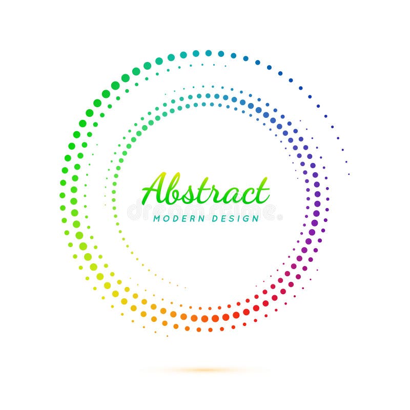 Circle dot pattern. Faded rainbow color circular. Halftone dots frames. Fading gradient spiral. Iridescent texture. Boarder round stock illustration