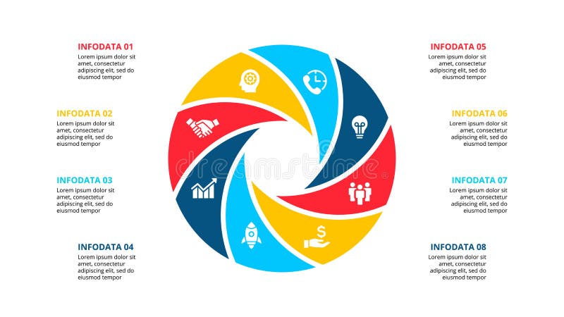 Circle element for infographic with 8 options, parts or steps. Template for cycle diagram, graph and round chart stock illustration Circle element for infographic with 8 options, parts or steps. Template for cycle diagram, graph and round chart stock illustration
