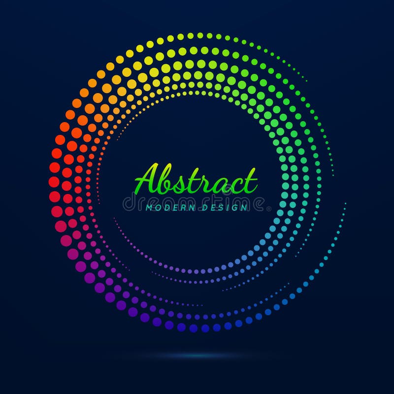 Circle frame. Faded neon circular. Halftone dot pattern. Fading gradient lattice. Boarder fades spiral dots. Round wavy shape. Big royalty free illustration