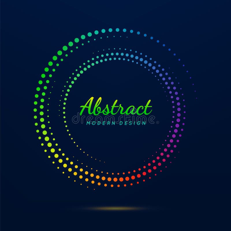 Circle frame. Faded neon circular. Halftone dot pattern. Fading gradient lattice. Boarder spiral dots. Round wavy shape. Bight col royalty free illustration