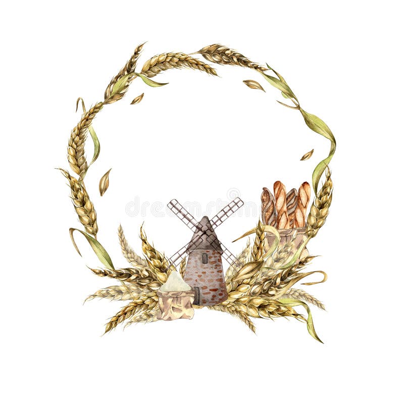Circle frame of wheat ears and rye baguette watercolor illustration isolated on white background. Rural making bread