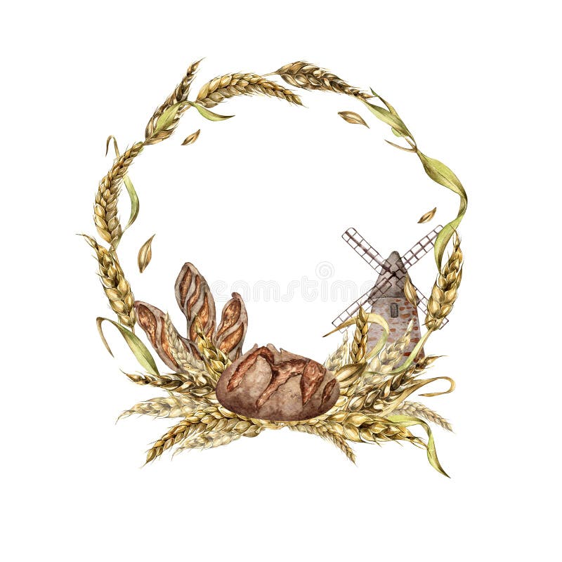 Circle frame of wheat ears and rye bread watercolor illustration isolated on white background. Rural making bread mill