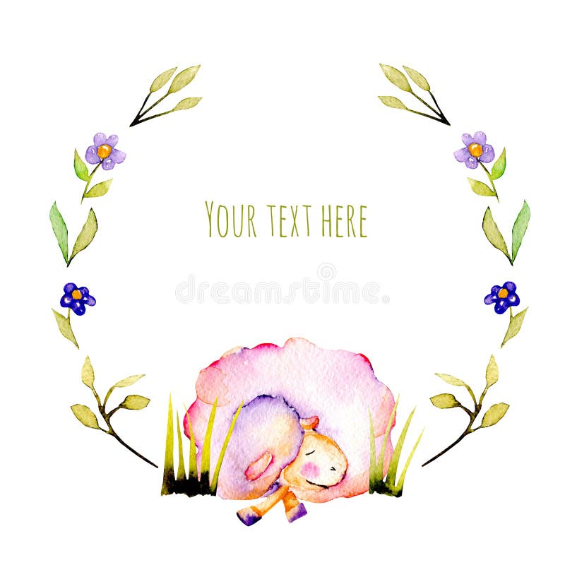 Circle Frame, Wreath with Watercolor Cute Sleeping Sheep and ...