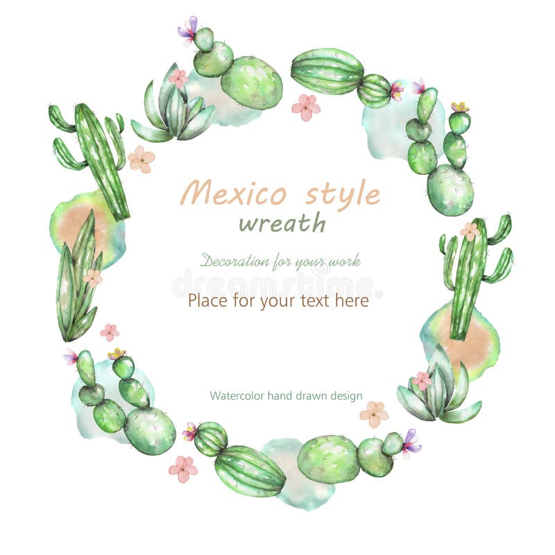 Circle frame, wreath of the watercolor various kinds of cactuses, hand drawn on a white background, greeting card