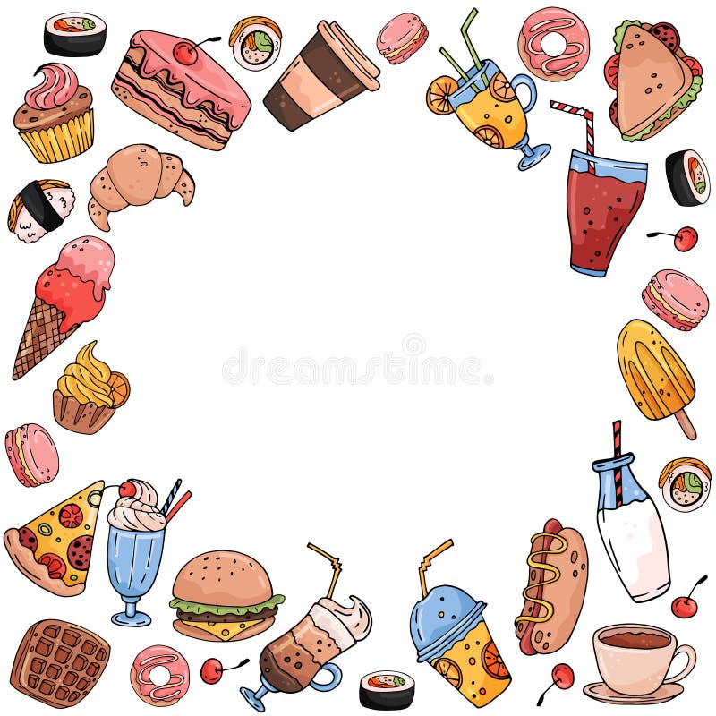 Circle made of elements. Hand drawn food and drinks stock illustration
