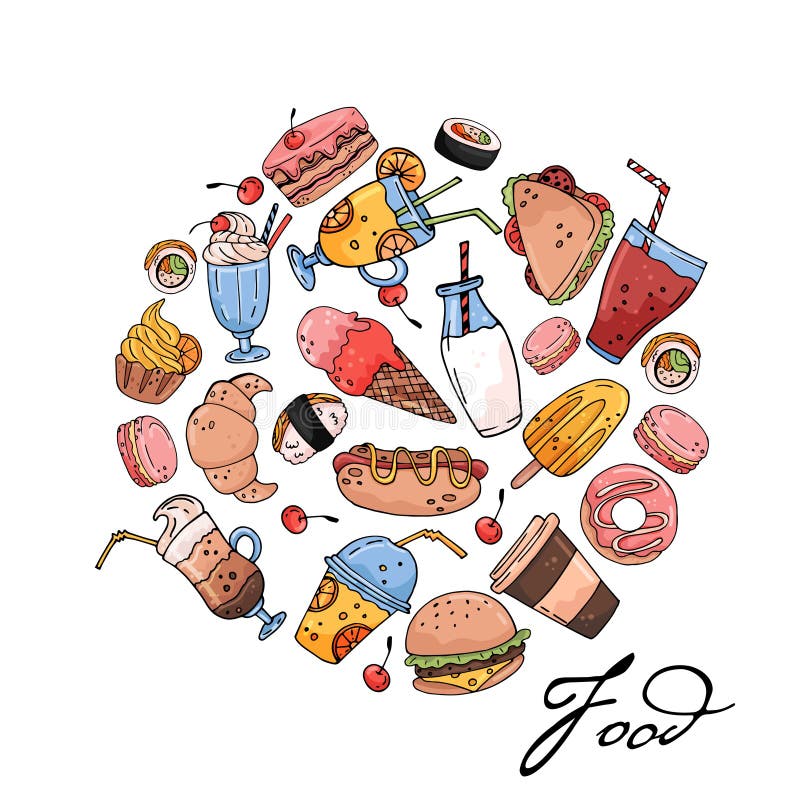 Circle made of elements. Hand drawn food and drinks stock illustration