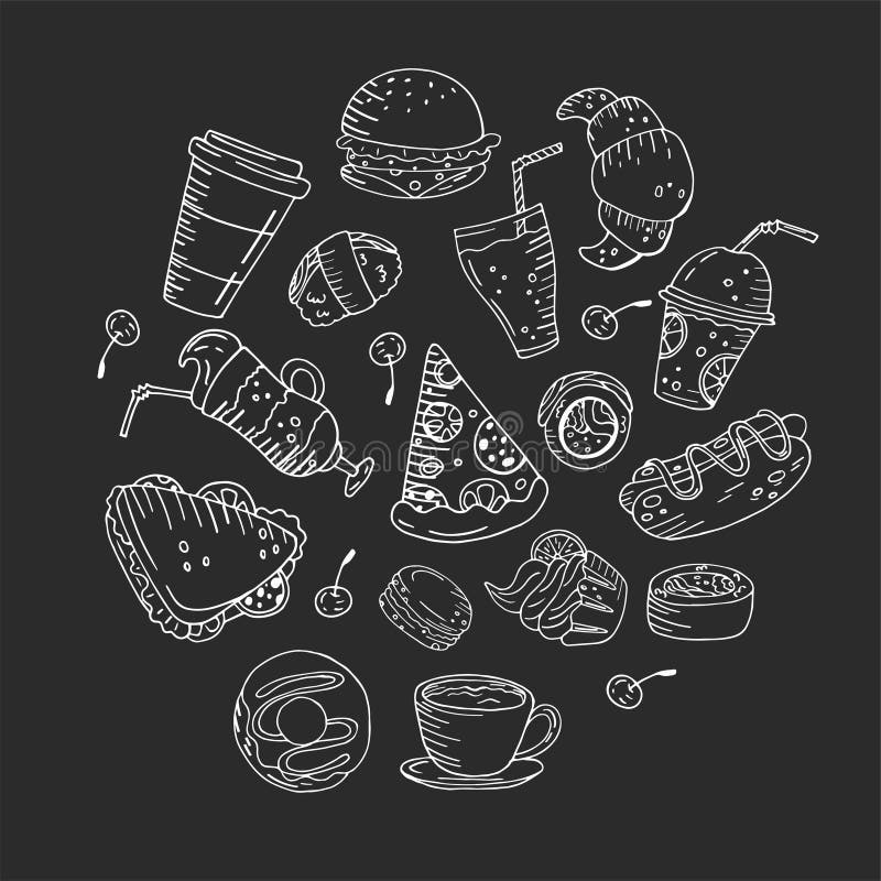 Circle made of elements. Hand drawn food, sweets and drinks on a chalkboard background stock illustration
