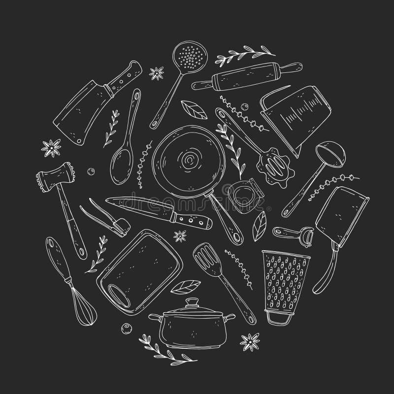 Circle made of elements with hand drawn kitchenware on a chalkboard background royalty free illustration