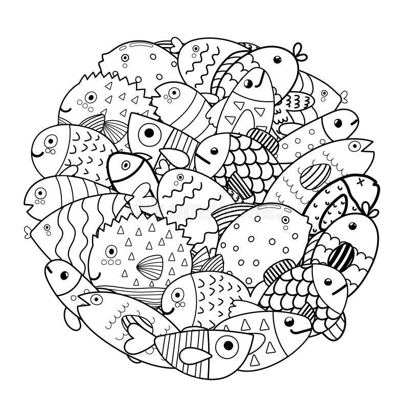 Circle shape coloring page with cute fish. Sea life animals black and white print