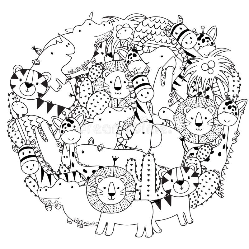 Circle Shape Coloring Page With Funny Safari Animals Black And