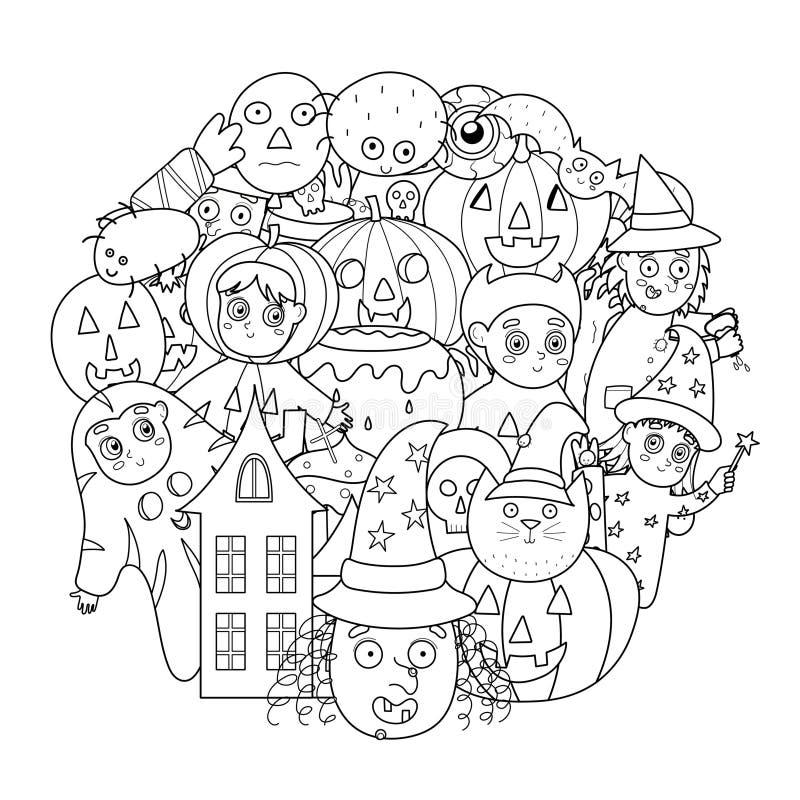 Circle shape pattern with cute Halloween characters for coloring book. Black and white background