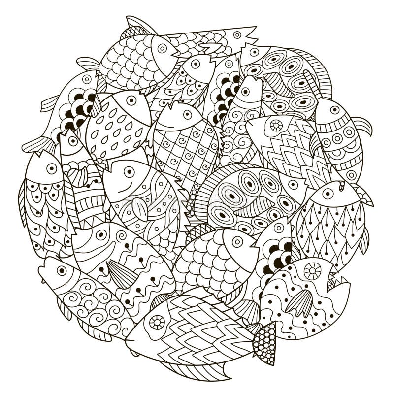 Circle shape pattern with ornamental fish for coloring book