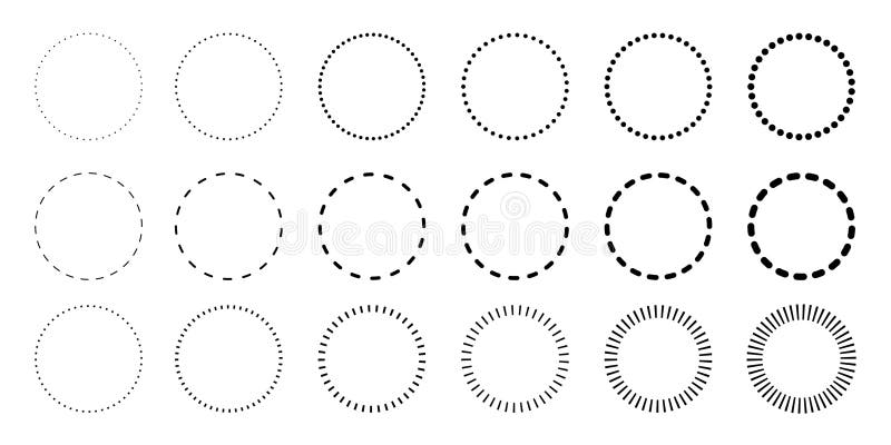 Circle shapes set with and dots and dashed lines, dotted and dashed round frames royalty free illustration