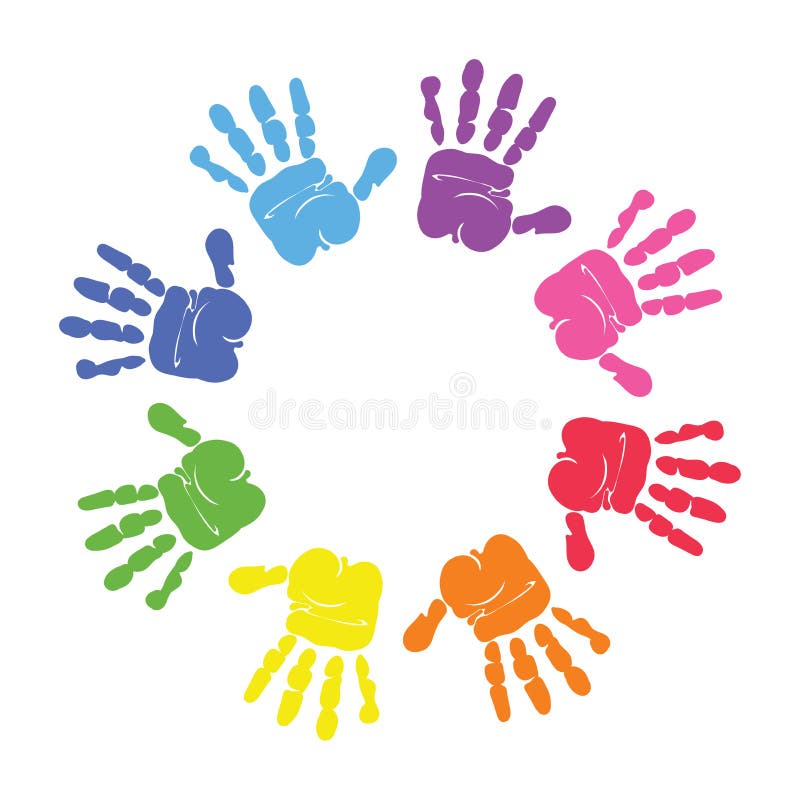Circle spiral of colorful hand prints made by children isolated on white background. vector illustration Circle spiral of colorful hand prints made by children isolated on white background. vector illustration