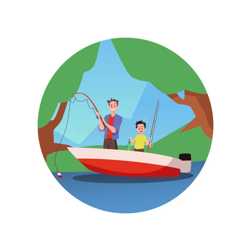 Cartoon dad and son sitting in boat fishing Vector Image