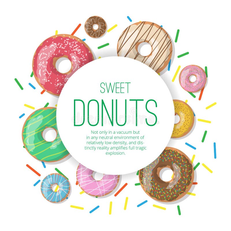 Set of circle vector banner with donuts illustration isolated on the white background. Doughnut banner in cartoon style for donuts menu in cafe and shop. Doughnut isolated vectors