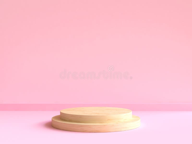 3d rendering circle wood podium minimal pink wall scene stock illustration