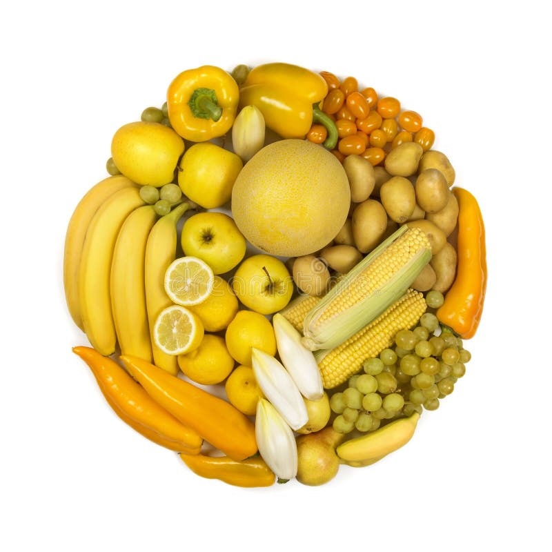 Circle of yellow fruits and vegetables