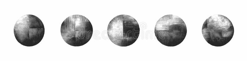 Circles with Different Hand Drawn Black Ink Patched Hatch Textures Vector Set stock illustration