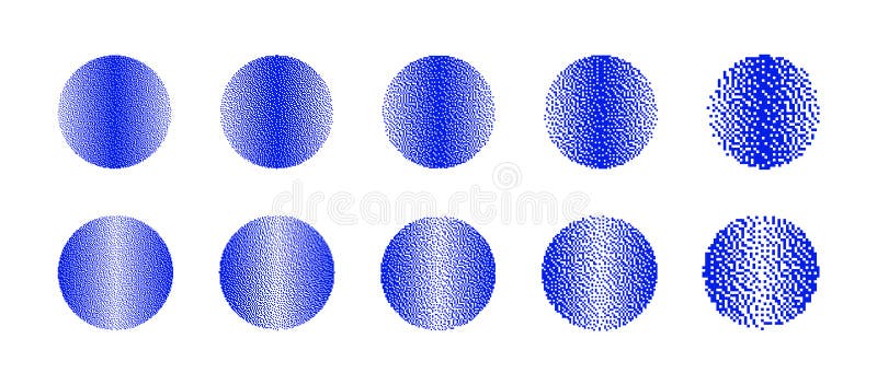 Circles With Different Resolution of Bitmap Dither Gradient Vector Set on White. Blue Circles With Different Resolution of Bitmap Dither Gradient Vector Set Isolated On White Background. Retro 8 Bit Pixel Art Graphics Style Round Shapes Various Textures Design Elements Collection