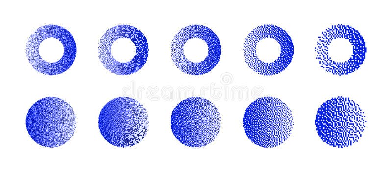 Circles With Different Resolution of Bitmap Dither Gradient Vector Set on White vector illustration