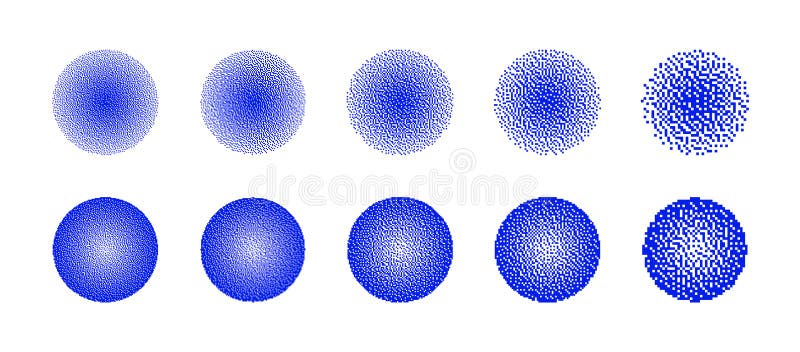Circles With Different Resolution of Bitmap Dither Radial Gradient Vector Set on White vector illustration