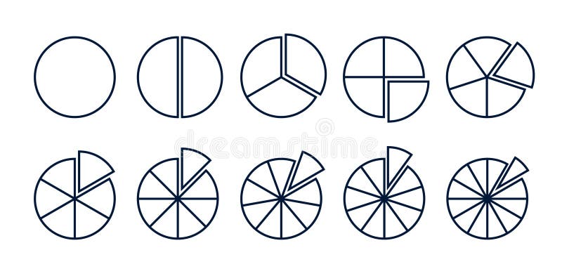 Circles divided diagram 3, 10, 7, graph icon pie shape section chart. Segment circle round vector 6, 9 devide