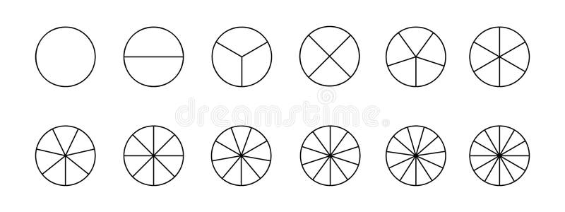 Circles divided in segments from 1 to 12 isolated on white background. Pie or pizza shapes cut in equal parts in outline