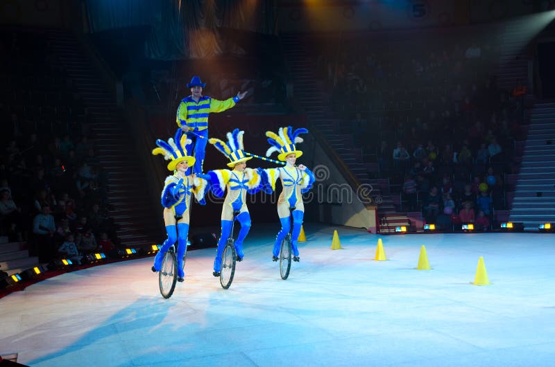 GOMEL, BELARUS - APRIL 10, 2015: Moscow Circus on Ice on tour. `Velo revue` velo figure skaters under direction of Kirill Abramov. GOMEL, BELARUS - APRIL 10, 2015: Moscow Circus on Ice on tour. `Velo revue` velo figure skaters under direction of Kirill Abramov