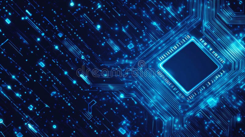 Circuit background with a gloving computer chip. Abstract digital tech background in blue. Wireframe semiconductor or microchip. CPU on circuit board. Polygonal modern illustration.. AI generated