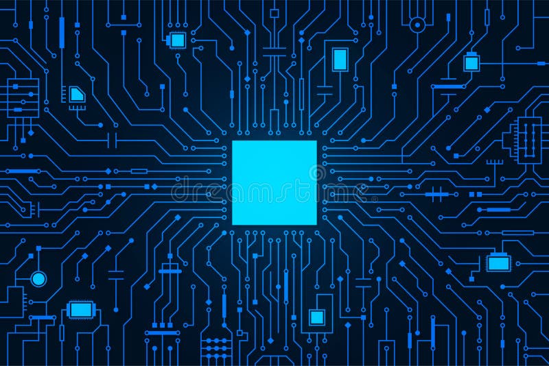 Circuit board background. CPU microchip, abstract conductor scheme and other circuit components. Computer motherboard, digital stock illustration