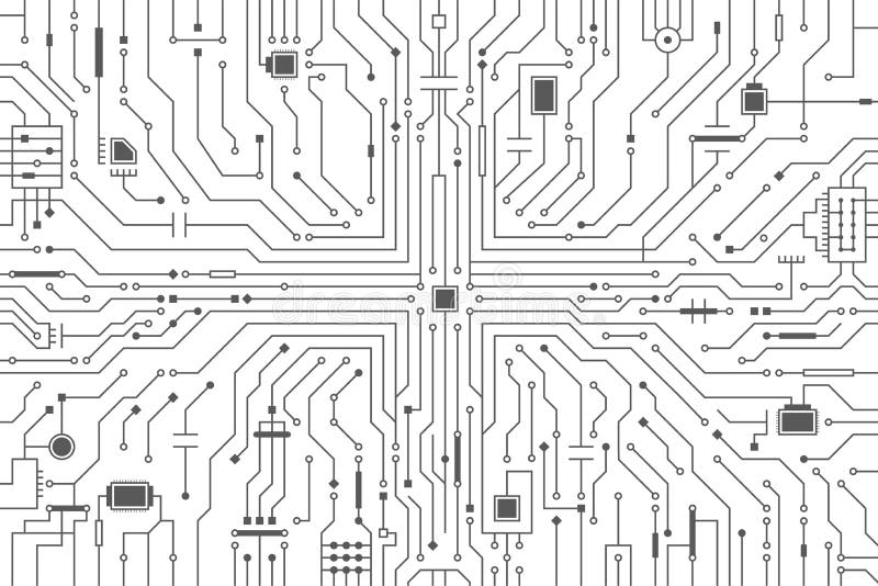 Circuit board background. CPU microchip, abstract conductor scheme and other circuit components. Computer motherboard, digital royalty free illustration