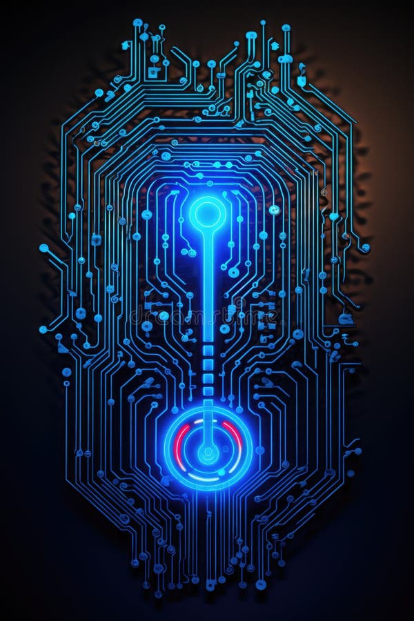 A circuit board with a blue light coming out of it. Cyber security, fingerprint lines. stock photo