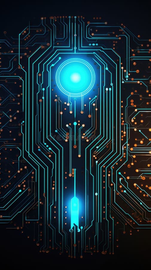 A circuit board with a blue light in the middle. Cyber security, fingerprint lines. stock images