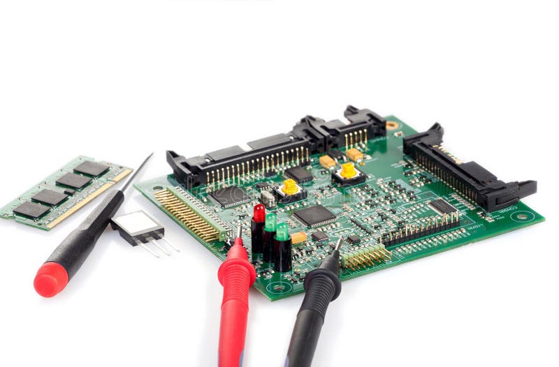Circuit Board With Components, Screwdriver And Probe Tips Stock Photo