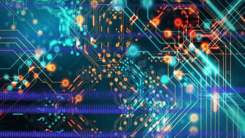 Circuit board and data flow animation with glowing lines and nodes royalty free illustration