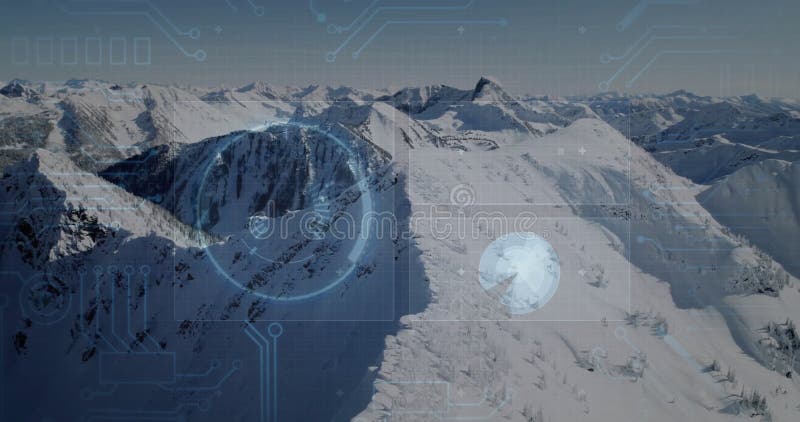 Circuit board and data processing animation over snowy mountain landscape stock video