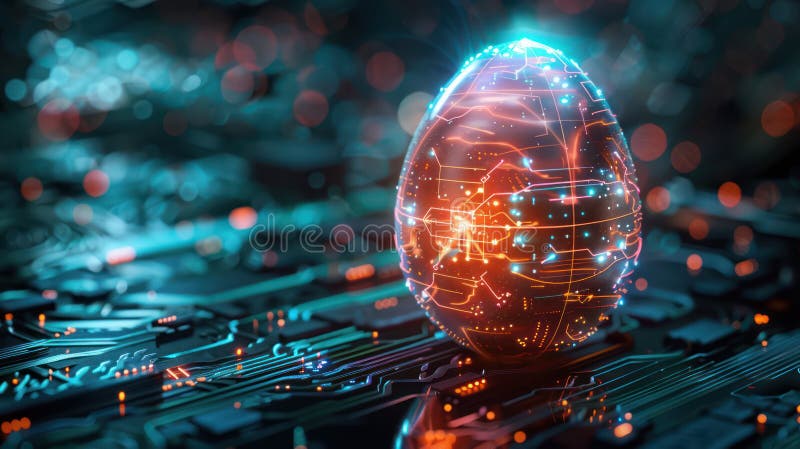 Circuit Board Egg: Glowing Digital Illustration for Tech-Futuristic Greeting Cards royalty free illustration