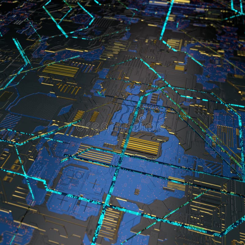 Circuit board futuristic server code processing. Angled view blue color technology black background. 3d vector illustration