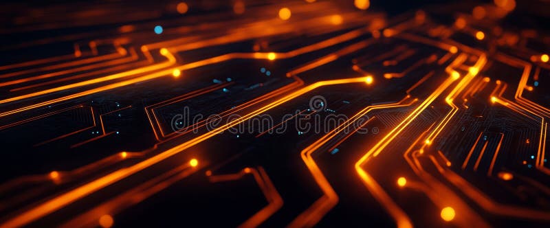 Circuit board futuristic server code processing. Orange, black technology background with bokeh. 3D rendering. stock illustration